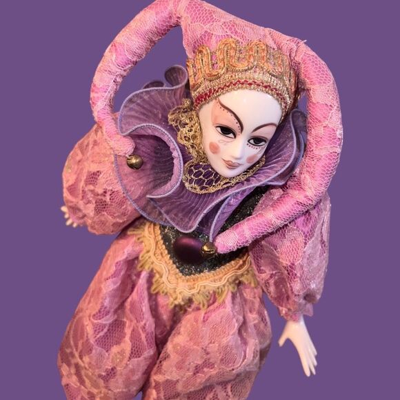 5 Harlequin Porcelain Clown Jester Doll Hands Feet Hand Painted Art W/ Stands 18 - Picture 3 of 16